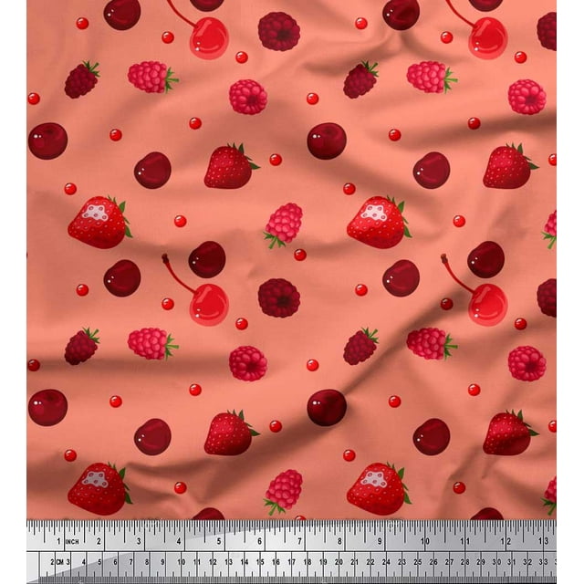 Soimoi Rayon Fabric Raspberry,Strawberry & Cherry Fruits Printed Fabric 1 Yard 56 Inch Wide