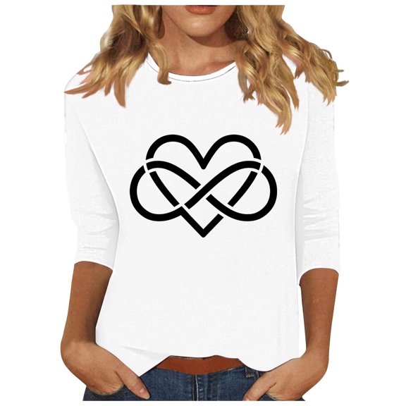 Charella 3/4 Length Sleeve Womens Tops Crew Neck Cute Heart Graphic Tee Casual Loose Fit Shirts Soft Clothes (XL, White 5)