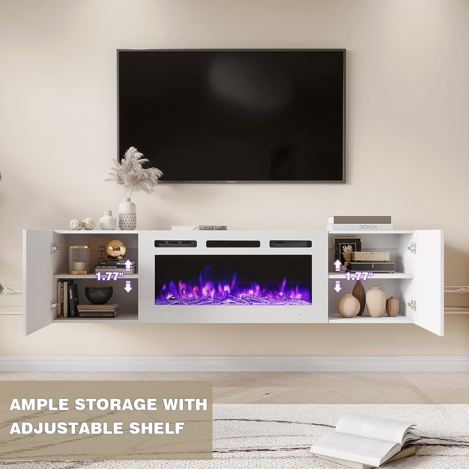 MELLCOM 70'' Floating Fireplace TV Stand with 36'' Electric Fireplace, Entertainment Center with 12 Color Led Lights, TV Console for TVs up to 80'' for Living Room, White