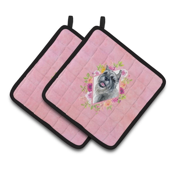 Schnauzer Pink Flowers Pair of Pot Holders