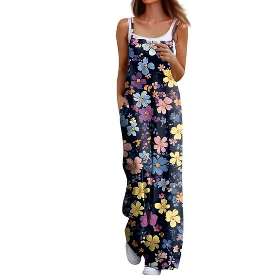 Overalls for Women Floral Print Wide Leg Jumpsuits Loose Fit Comfy Spaghetti Strap Sleeveless Rompers Vacation Outfits