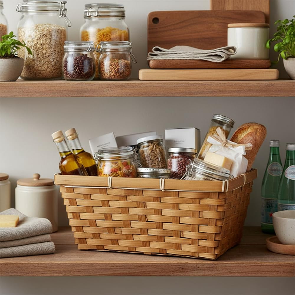 Premium Handmade 11" Honey Bamboo Rectangular Storage Basket – Countertop Organizer for Kitchen Pantry, Snacks, Bathroom Vanity, Entryway Catch-All by The Lucky Clover Trading