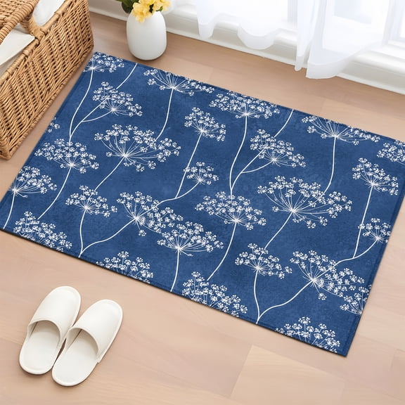Area Rug 2x3ft Dandelion Flower Navy Blue Area Rugs Washable Low Pile Floor Carpet for Bedroom, Farm Floral Seamless Non Slip Soft Rugs for Living Room Entryway Dining Room
