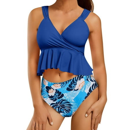 

Midewhik Women Vintage Swimsuit Two Piece Bikini Swimwear Retro Halter Ruched High Waist Print Bather Bathing Suit Bikini Set Sports Bra And Shorts