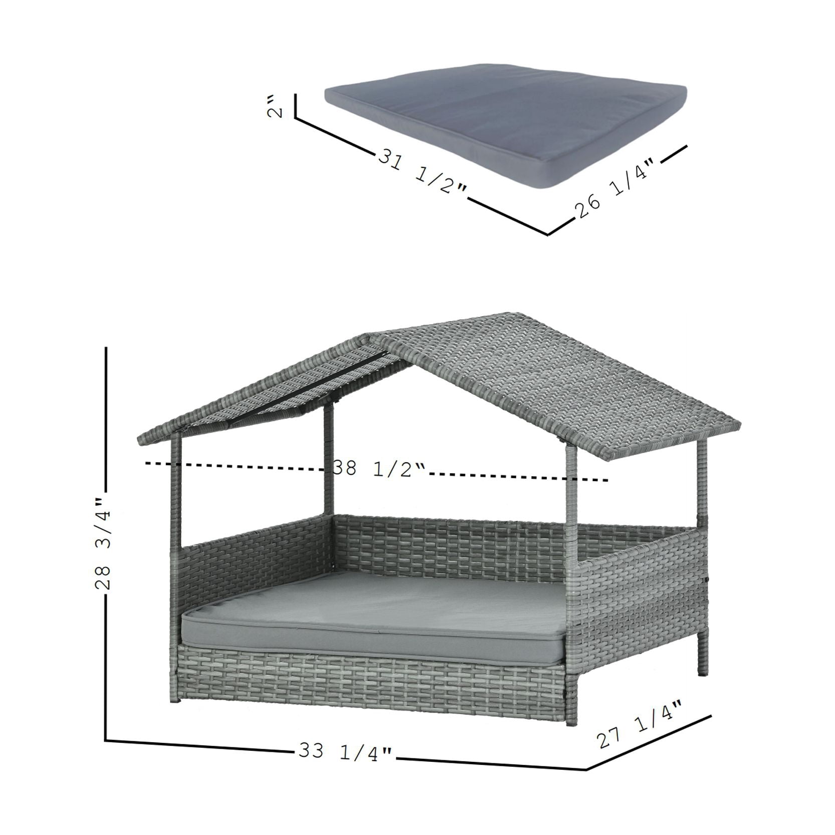 ZephyPaws 38.5" Dog Bed with Canopy, PE Wicker Patio Pet Bed, Elevated Indoor/Outdoor Lounger with 2" Cushion, UV-Resistant, Powder-Coated Metal Frame, Zippered Washable Cover, Dark Gray