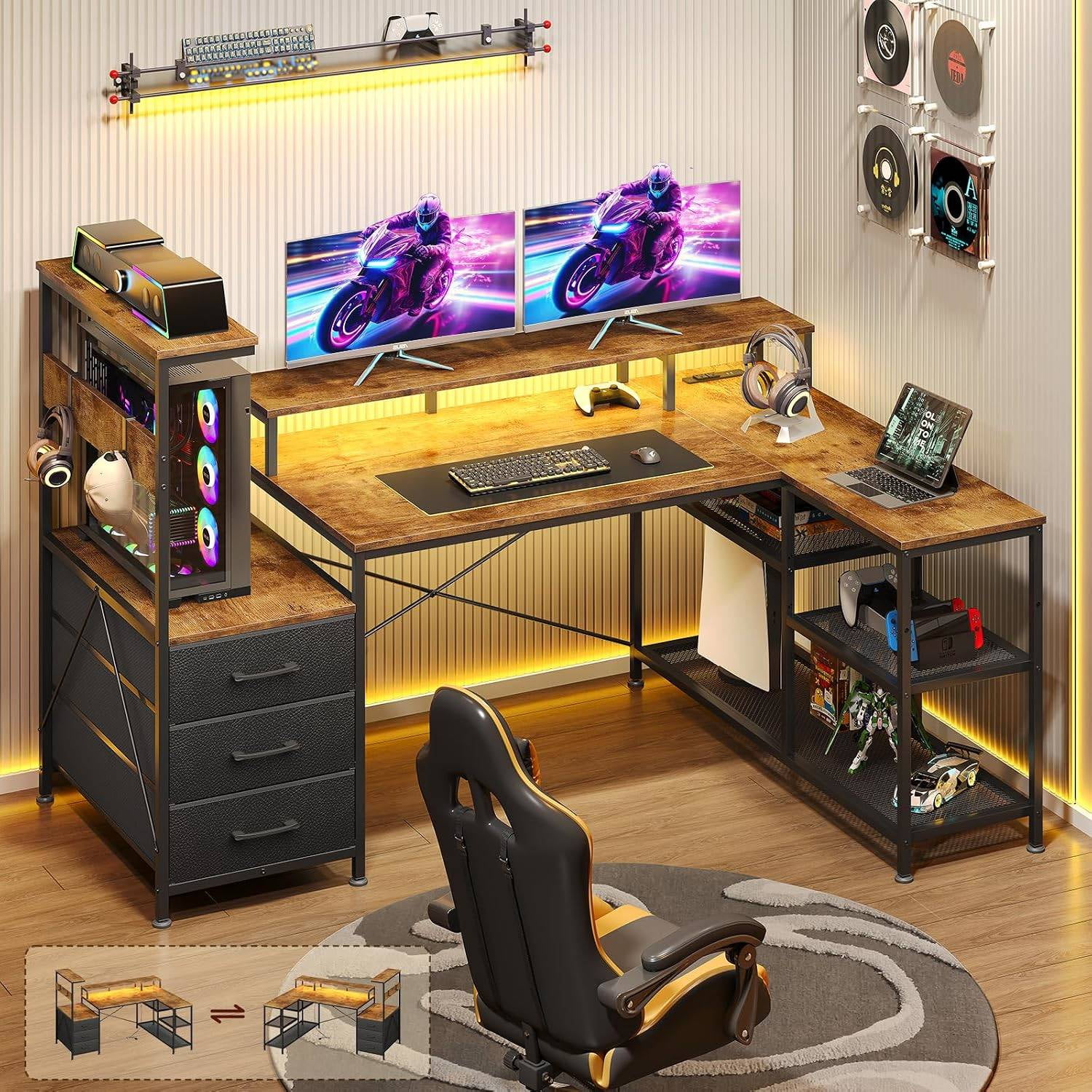 L-Shaped Gaming Desk with Drawers Storage Shelves LED Lights & Charging Station