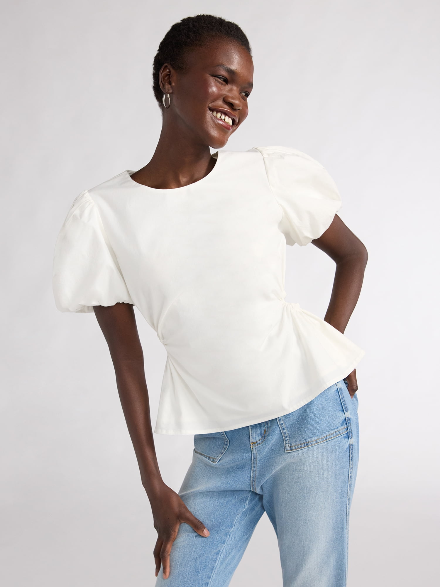 Scoop Women's Poplin Puff Sleeve Top with Cutouts, Sizes XS