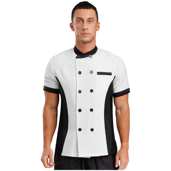 inlzdz Men's Kitchen Work Jacket Top Short Sleeve Color Block Chef Coat Restaurant Kitchen Uniform White XL