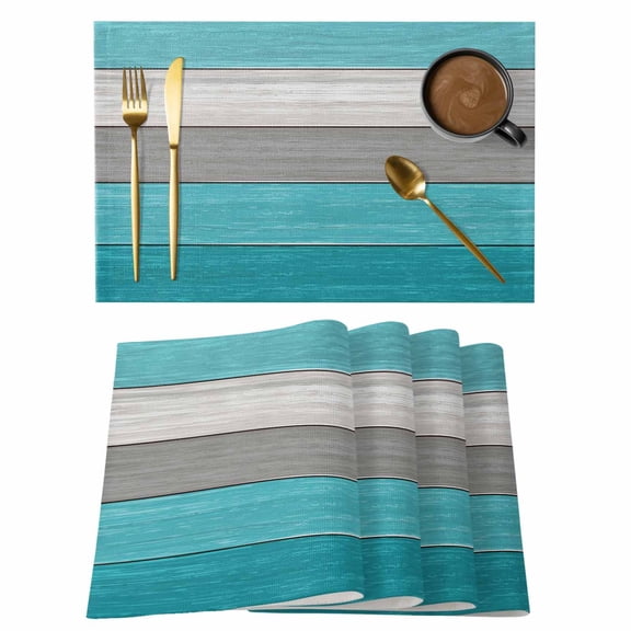 Turquoise Wood Grain Placemats Set of 6, Country Retro Wooden Plank Gray Placemats for Dining Table, Place Mats for Kitchen Tabletop, Waterproof Wipeable Dining Table Mats Set