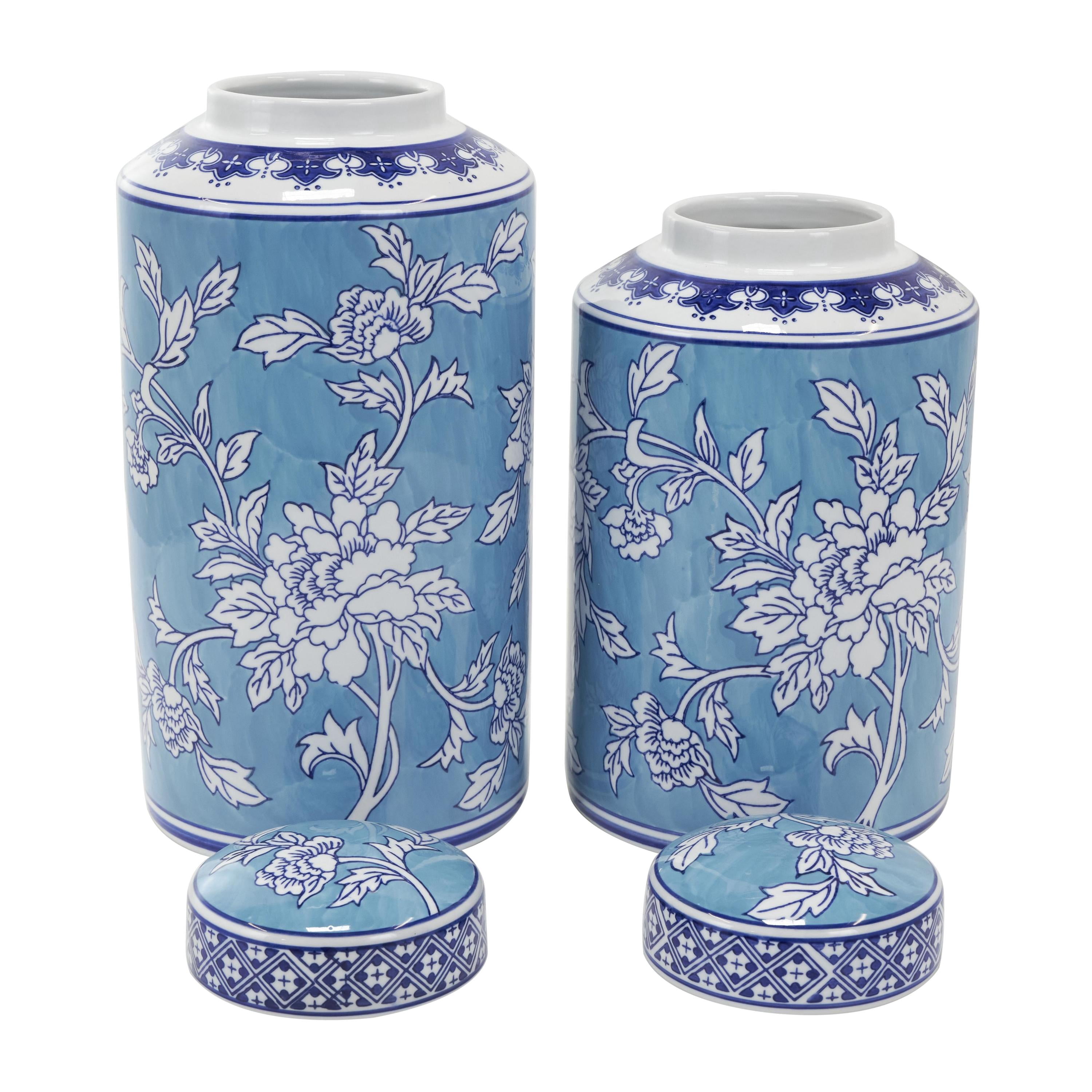DecMode 12", 14"H Blue Ceramic Decorative Jars with White Floral Patterns, 2-Pieces