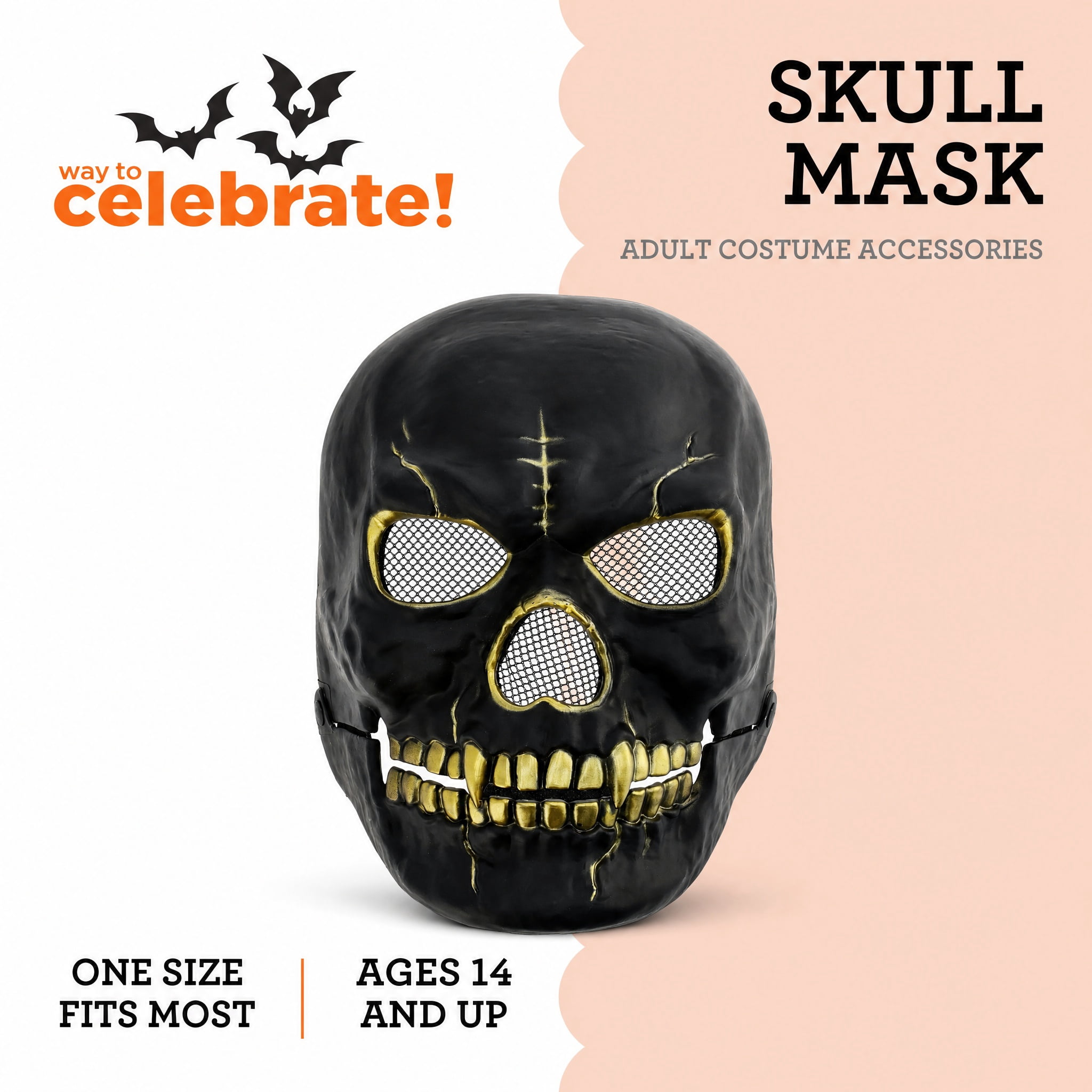 Skull Mask Costume Accessory for Adults, Black and Gold, Halloween by Way To Celebrate