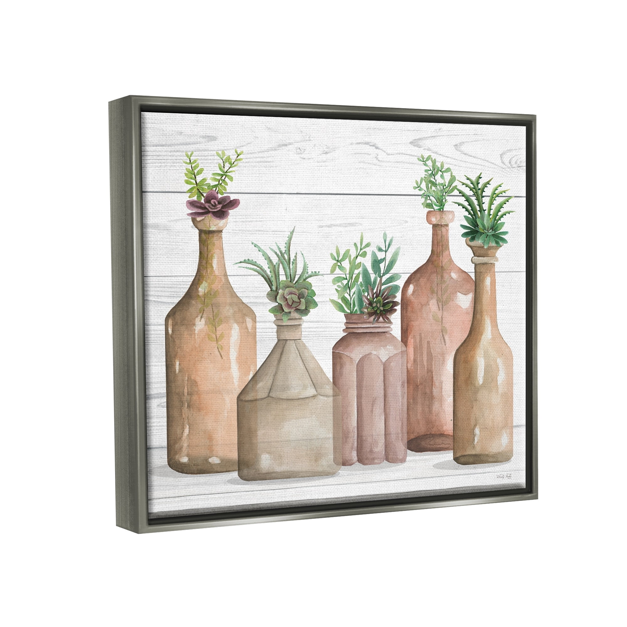 Stupell Industries Succulents Herbs Rustic Cottage Jars Leaves Arrangement Graphic Art Luster Gray Floating Framed Canvas Print Wall Art, Design by Cindy Jacobs