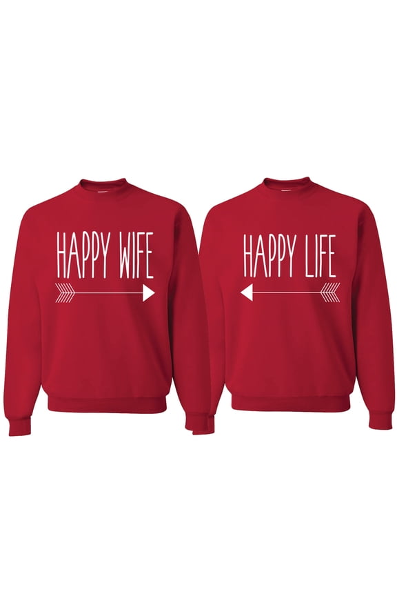, Happy Life Happy Wife Valentines Day Outfit His and Hers Matching Couples Crewneck Sweatshirts, Red, Mens 2XL-Womens 2XL