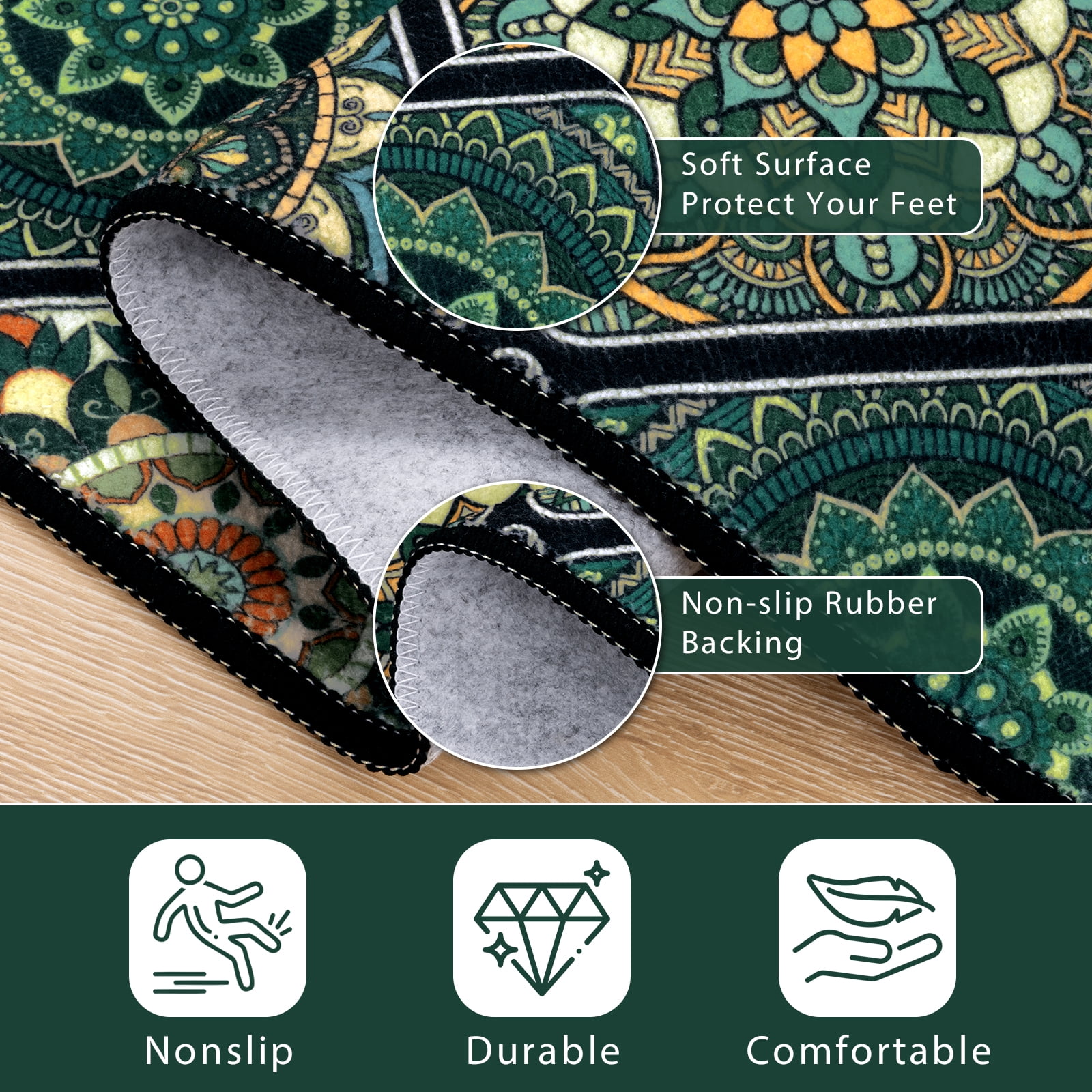 Findosom 2pc Boho Kitchen Rugs and Mats Set, Non Slip Washable Kitchen Runner Rug for Kitchen Floor, Farmhouse Kitchen Decor, Hallway, Entryway, Laundry Room,20"x32"+20"x47" Green