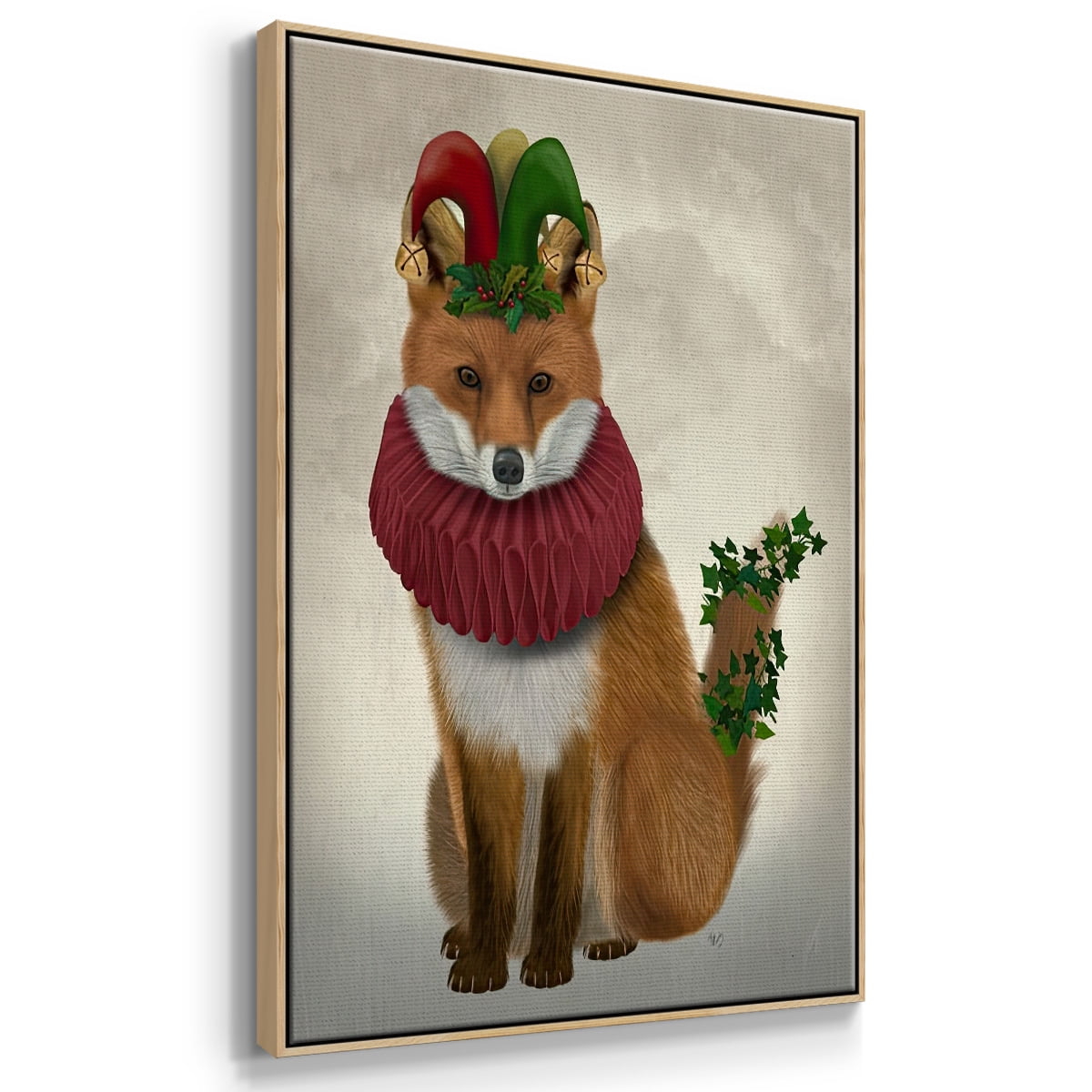 Christmas Holly and Ivy Fox - Framed Gallery Wrapped Holiday Canvas - 27 x 41 - Natural Wood Frame