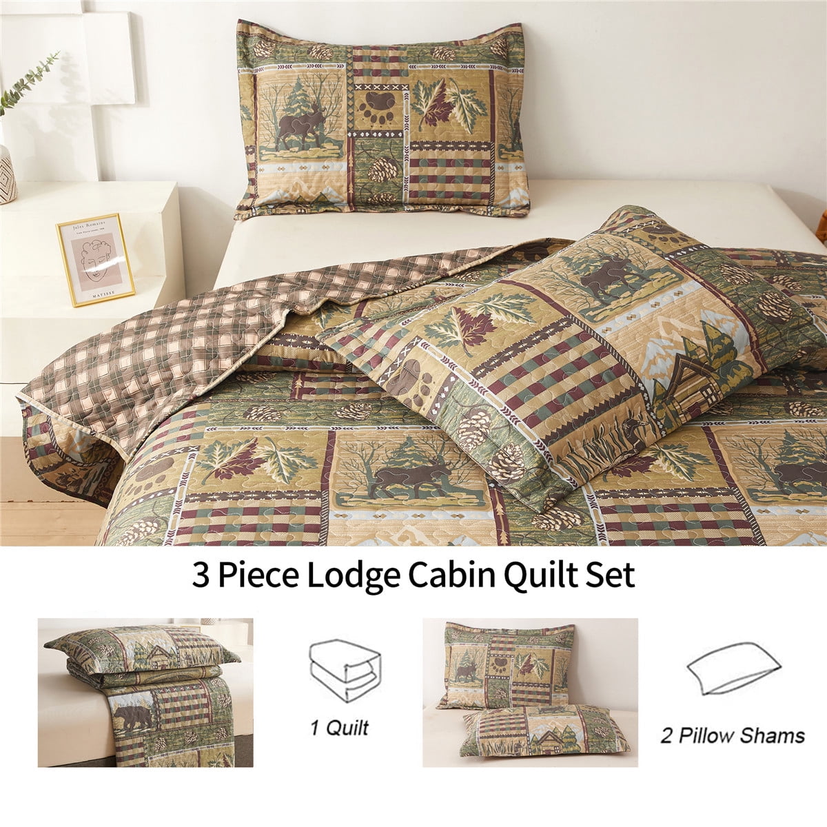 Beartech Quilt Set Twin Size Rustic Bedding Lodge Cabin Quilt Forest Bear Bedspread Coverlet Lightweight Reversible Microfiber Quilt