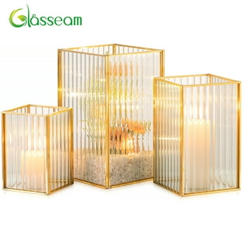 Glasseam Set of 3 Square Gold Ribbed Hurricane Candle Holders: Modern Metal Pillar Candle Holders for Table Centerpieces, Christmas, Wedding, and Indoor Decoration