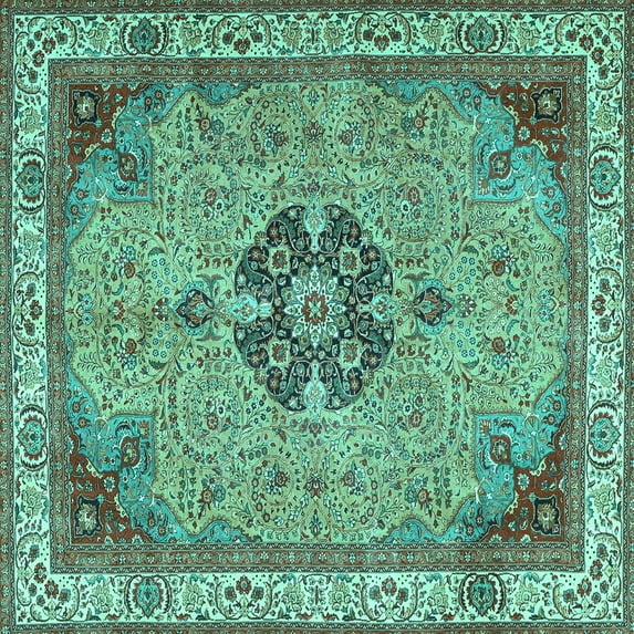 Ahgly Company Indoor Square Medallion Turquoise Blue Traditional Area Rugs, 8' Square