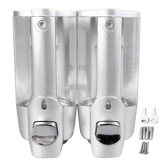 AVPAVP Silver Double Head Wall-Mounted Soap Dispenser, Manual Press Liquid Distributor for Shower Gel and Shampoo, Plastic Bathroom Fixture for Home or Hotel Use