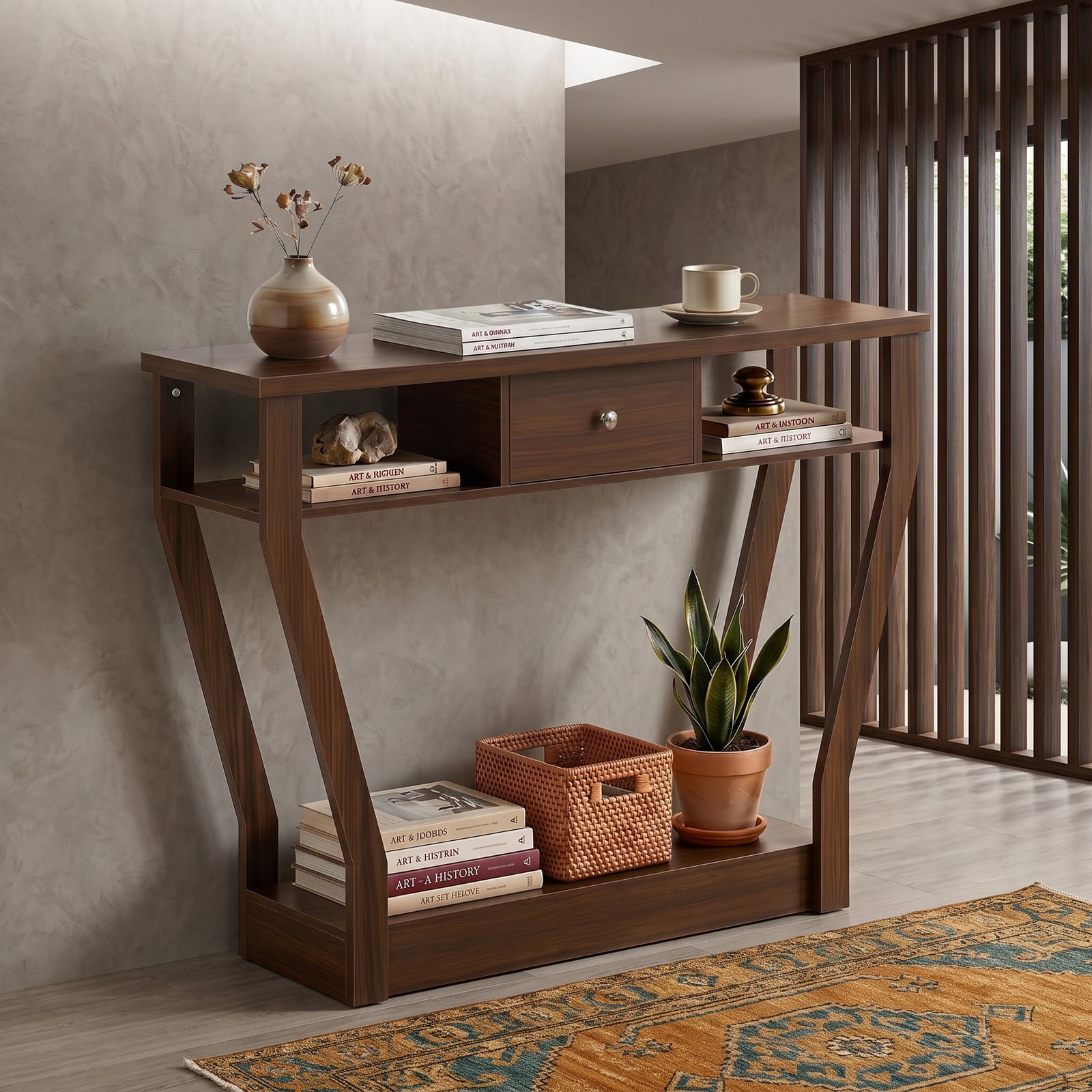 Furnibear Console Hall Table with Storage Drawer and Open Display Shelf and Angled Wood Legs for Entryway and Hallway, Walnut