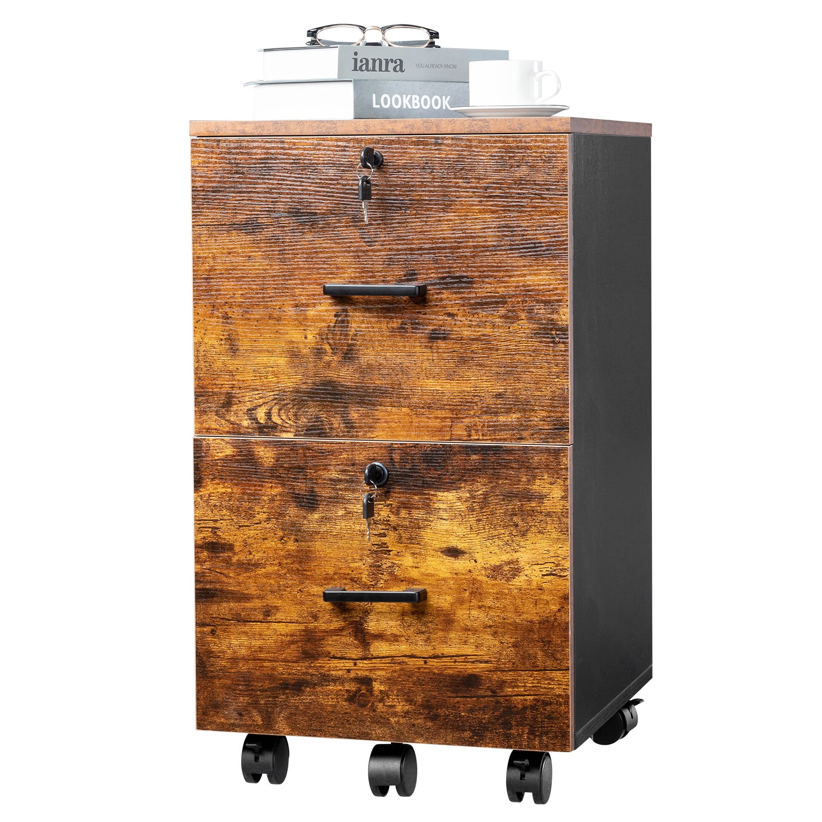 ZYPPP 2-Drawer Small Rolling File Cabinet with Lock  for Home Office Mobile Rustic