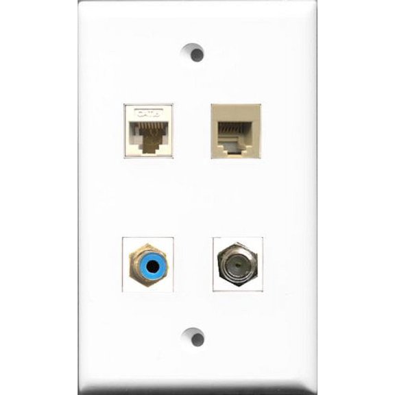 RiteAV 1 Port RCA Blue and 1 Port Coax Cable TV- F-Type and 1 Port Phone RJ11 RJ12 Beige and 1 Port Cat6 Ethernet White Wall Plate