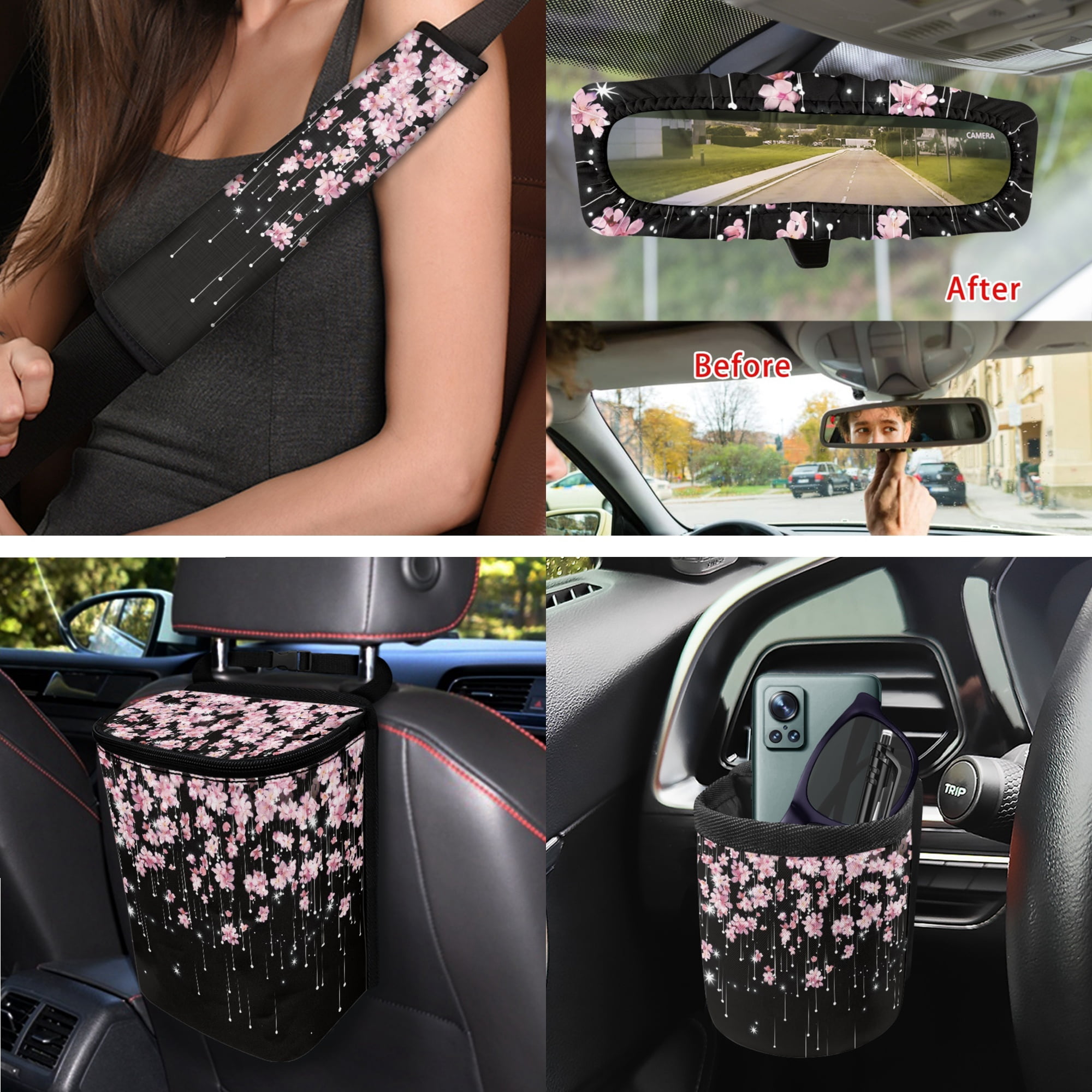 Yuyamidu Cherry Blossom Car Seat Cover Set of 15 Pink Steering Wheel Cover Seat Belt Strap Cover Trash Cans Rear View Mirror Cover Cup Coaster Keychain Air Vent Storage Bag Universal Fit