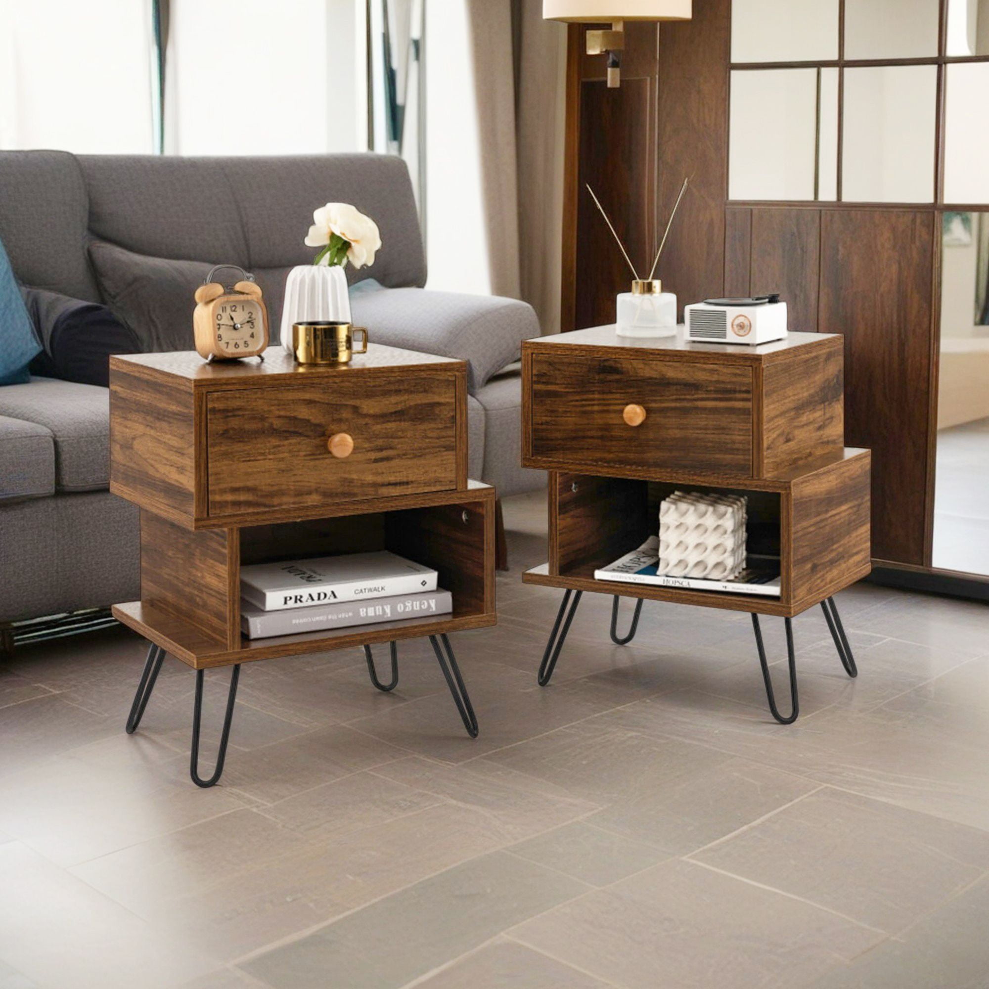 Demi Bonn 3-Piece Coffee Table Set, Compact Retro Mid-Century Coffee Table & 2 Irregular 2-Tier Wooden Nightstands with Elevated Metal Feet, for Living Room, Brown