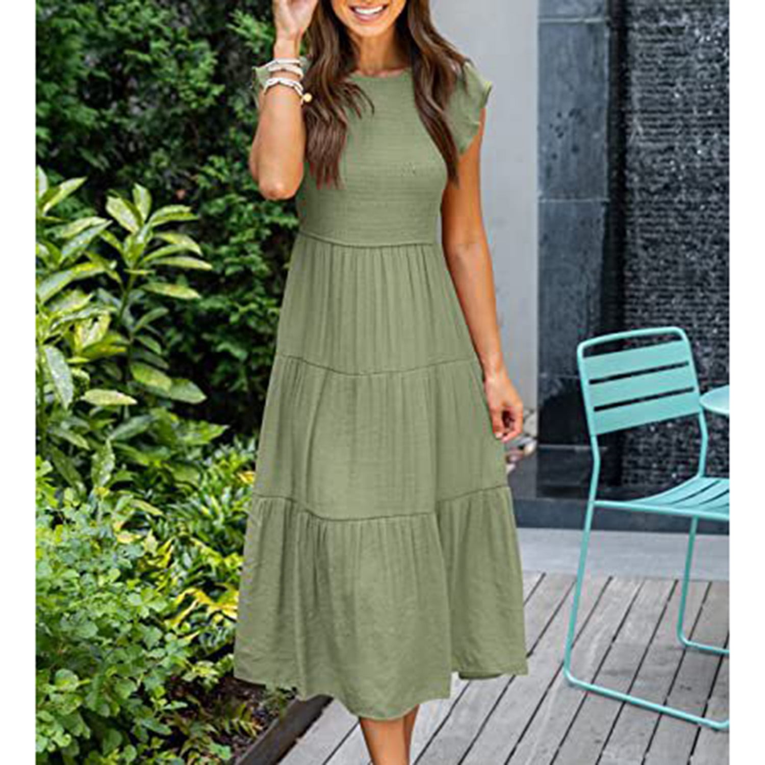 Women's Flutter Short Sleeve Smocked Midi Dress Summer Casual Tiered A-Line  Dress