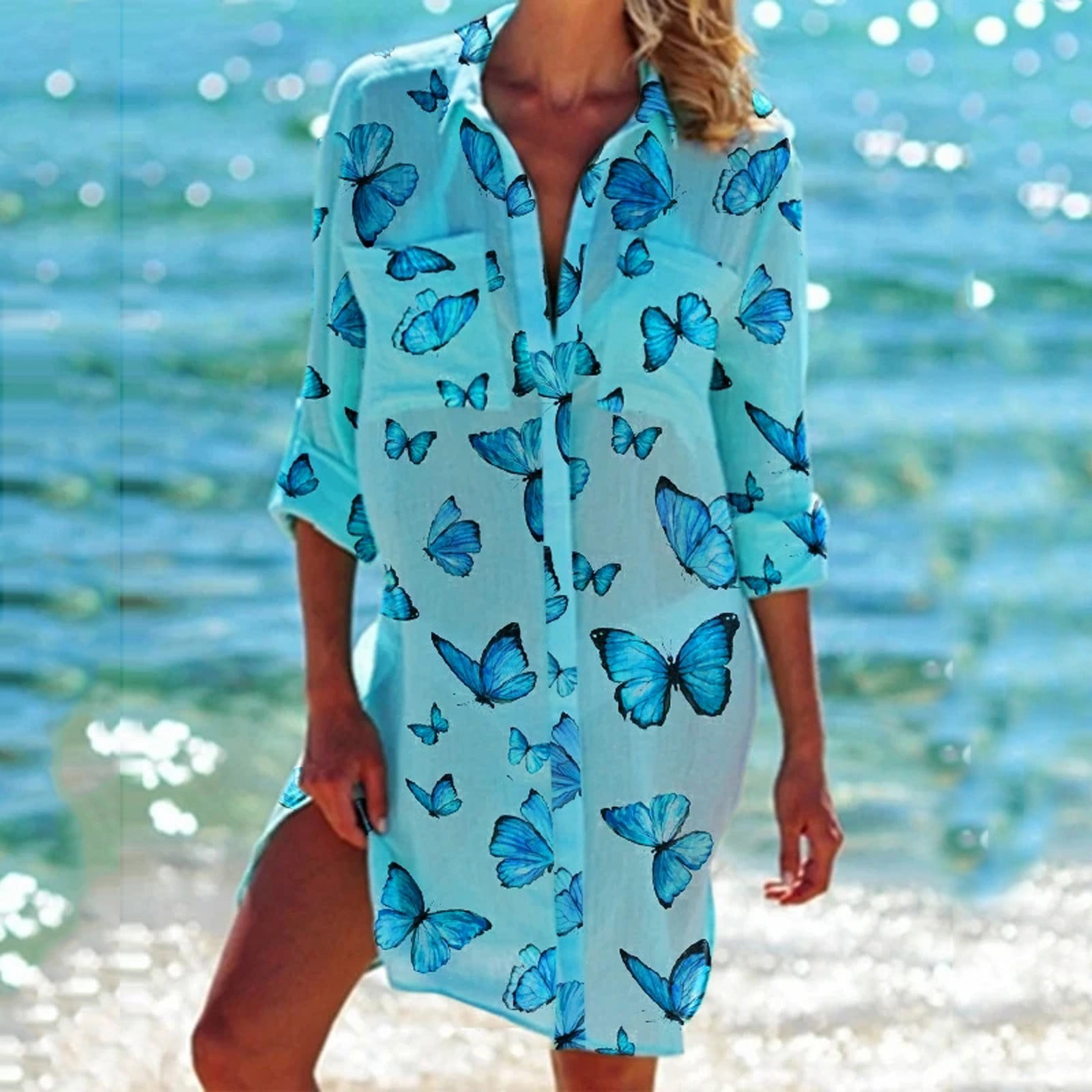 Women Casual Butterfly Print Dress Vneck Long Sleeve Loose Pocket Long