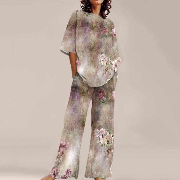 ICHUANYI Liquidación Mujeres Casual Verano Impreso Cuello Redondo Manga Corta Tops Y Traje De Pantalones Largos ICHUANYI WER202308246353
