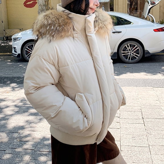 Miluxas Women's Warm Winter Puffer Coat Long Sleeve Thicken Fleece Down Jacket Hooded Snow Parka White XL(XL)