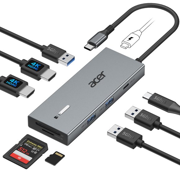 Acer USB C Docking Station Dual Monitor with 2 HDMI, 9-in-1 Laptop Docking Station with 4K@60Hz HDMI, USB A&C 3.0, SD/Micro SD, 100W PD, USB C Dock C