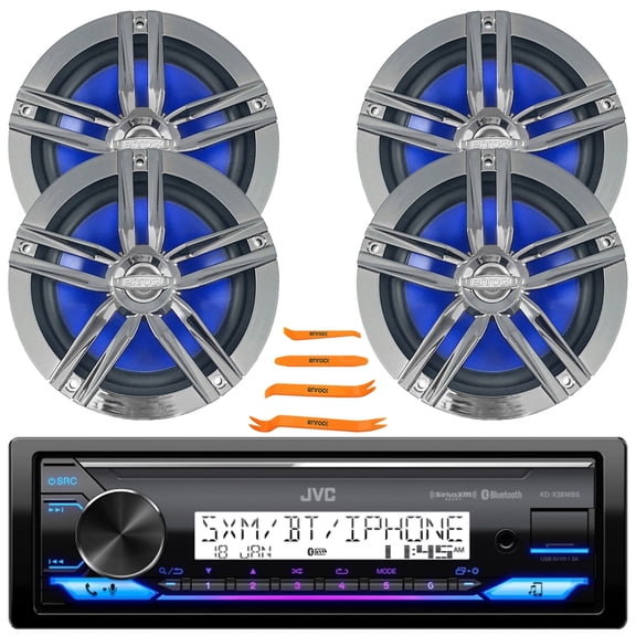 JVC KD-X38MBS Single DIN Marine Motorsports Bluetooth USB/AUX LED Illumination AM/FM Radio SiriusXM Ready Stereo Receiver, 4x 6.5" 180W Max 2-Way High-Performance Boat Charcoal Speakers, Pry Tool Set