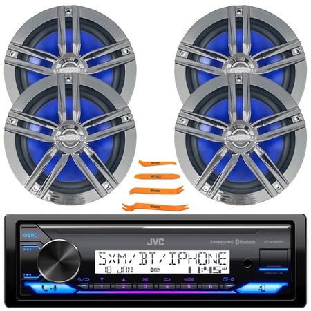 JVC KD-X38MBS Single DIN Marine Motorsports Bluetooth USB/AUX LED Illumination AM/FM Radio SiriusXM Ready Stereo Receiver, 4x 6.5" 180W Max 2-Way High-Performance Boat Charcoal Speakers, Pry Tool Set