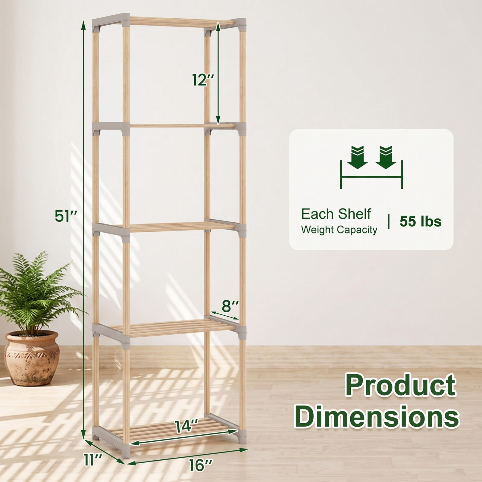 Furnibear 5-Tier Bookshelf Open Wood Bookcase Tall Storage Shelf Organizer for Home Office Living Room Bathroom, Natural and Gray