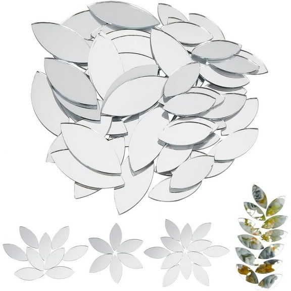 200Pcs Silver Leaf Shape Craft Mirrors Small Mirror Tiles Non-Stick Mini Glass Mirror Tiles DIY Mirror Horse Eye Mini Mirrors for Crafts Art Wall Door Home Decorations - 24x11mm 34x14.5mm Silver