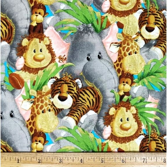 1 Fat Quarter - Jungle Babies Baby Animals Packed Patty Reed Cotton Fabric - 21" X 18"