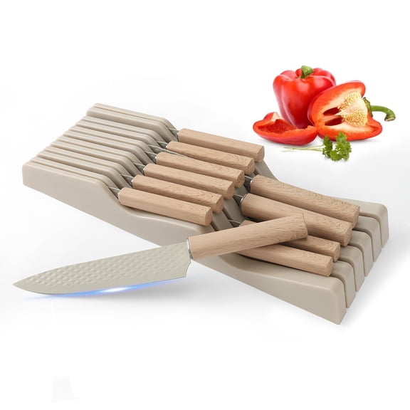 12-Piece Kitchen Knife Set with In-Drawer Knife Block, Stainless Steel Knife Set with 6 Steak Knives & Non-Stick Coating, Ultra Sharp Chef Knife Organizer for Drawer Storage