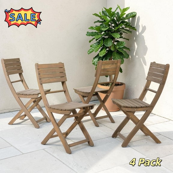 Tcbosik Folding Acacia Wood Chairs Set of 4, Outdoor Dining Chairs, Portable Bistro Chair for Patio, Porch, Backyard, Poolside, No Assembly Required, Grey