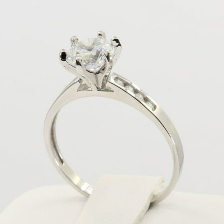 - 1.25 Ct 14K Real White Gold Round Cut Classic 6 Prong Cathedral Setting with Channel Set Side Stones Engagement Wedding Bridal Propose Promise Ring
