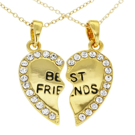 14k Gold Plated Best Friends Forever Clear Crystals Heart Necklace Pendant