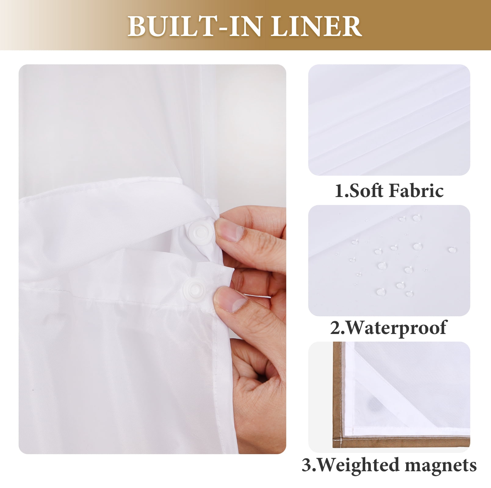 Ikfashoni Ombre Hookless Shower Curtain with Snap in Liner, Brown No Hook Waterproof Fabric Bath Curtain, 71"X74"