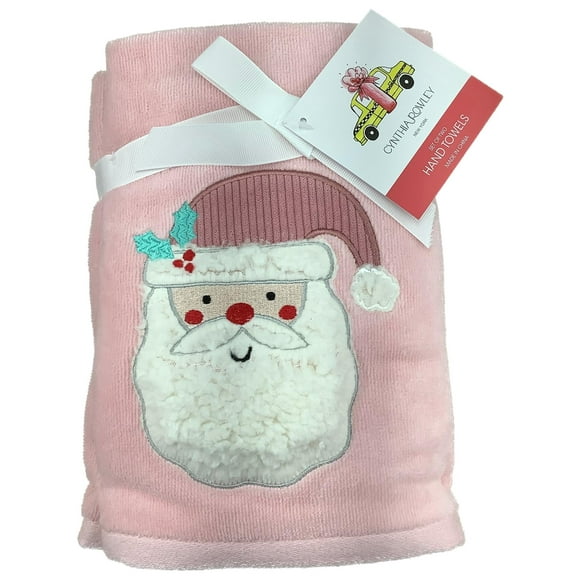 Cynthia Rowley New York Christmas Winter Hand Towels, Set of 2 Pink - Santa with Fuzzy Beard