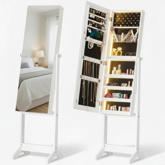 60.2 Inch White Standing Jewelry Armoire With Full-Length Mirror And LED