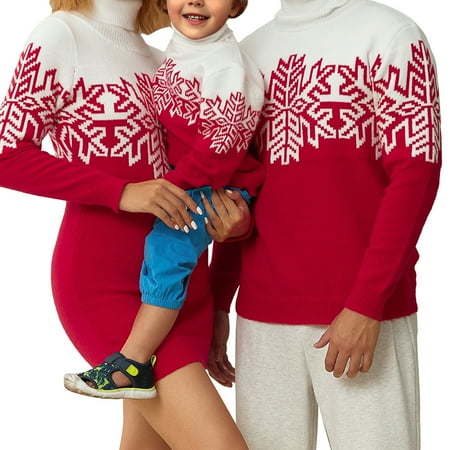 

GuliriFei Ugly Christmas Sweater Family Matching Outfits for Holiday Party Snowflake Print Turtleneck Long Sleeve Knitted Pullover