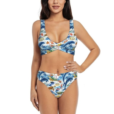 Zeuib Marine Animals High Waisted Tummy Control Bikini Set - Knot Front Push Up Top & Cheeky Thong Bottom  Two-Piece Swimsuit for Women-Small