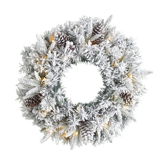 Nearly Natural PVC Flocked White Prelit LED Battery Operated Wreath, 20" (White)