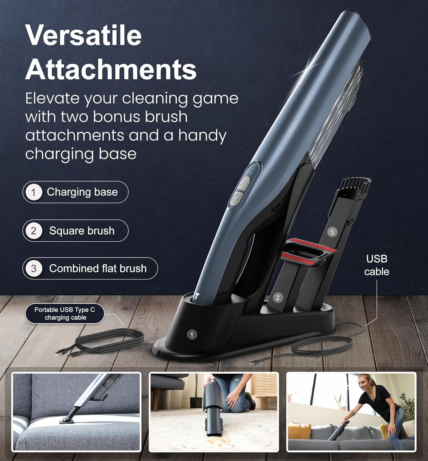 Tranqwil Cordless Handheld Vacuum, Lightweight & Powerful Suction, Charging Dock, One-Touch Empty for Home & Car, Guiding Lights with Versatile Attachments