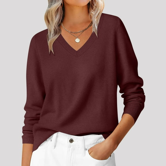 Sriper Baggy Sweaters for Women V-Neck Long Sleeve Fashion Knit Sweater Soild Color Loose Cozy Pullover Tops Ladies Work Street Lightweight Outfits
